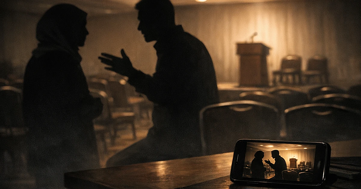 Silhouetted figures conversing at conference with smartphone recording in foreground