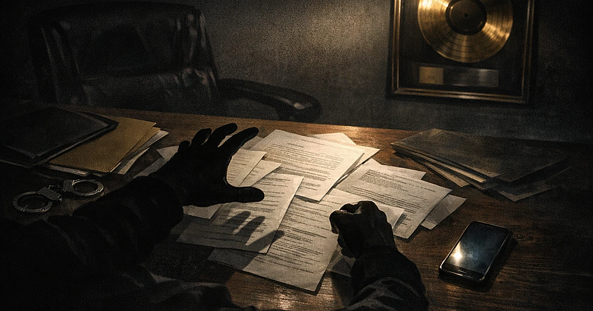 Shadowy hands reaching across desk with legal papers and gold record on wall, suggesting workplace intimidation