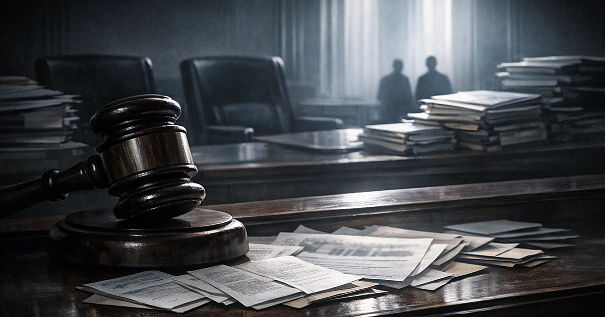 Judicial gavel on courtroom bench with empty chairs and legal documents in dramatic lighting