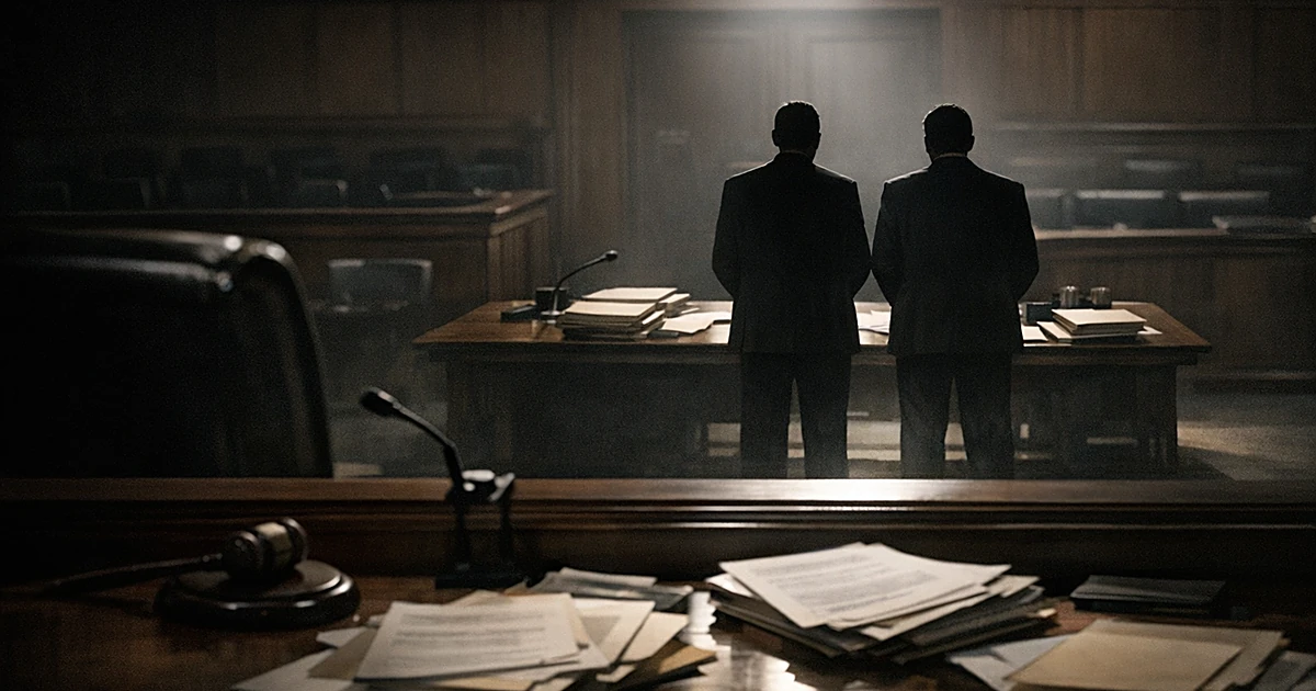Two silhouetted figures at prosecutor's table in darkened courtroom viewed from judge's perspective