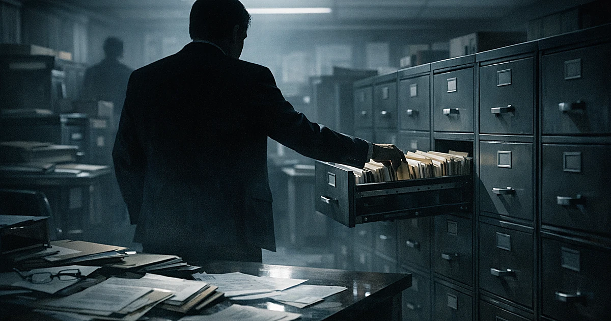 Silhouetted figure examining open filing cabinets filled with documents in a dimly lit government office