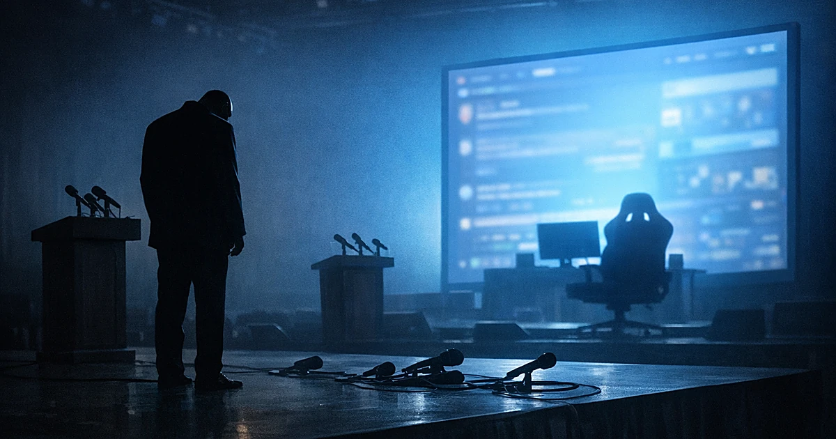 Silhouetted politician on empty stage facing large glowing computer screen in dark space
