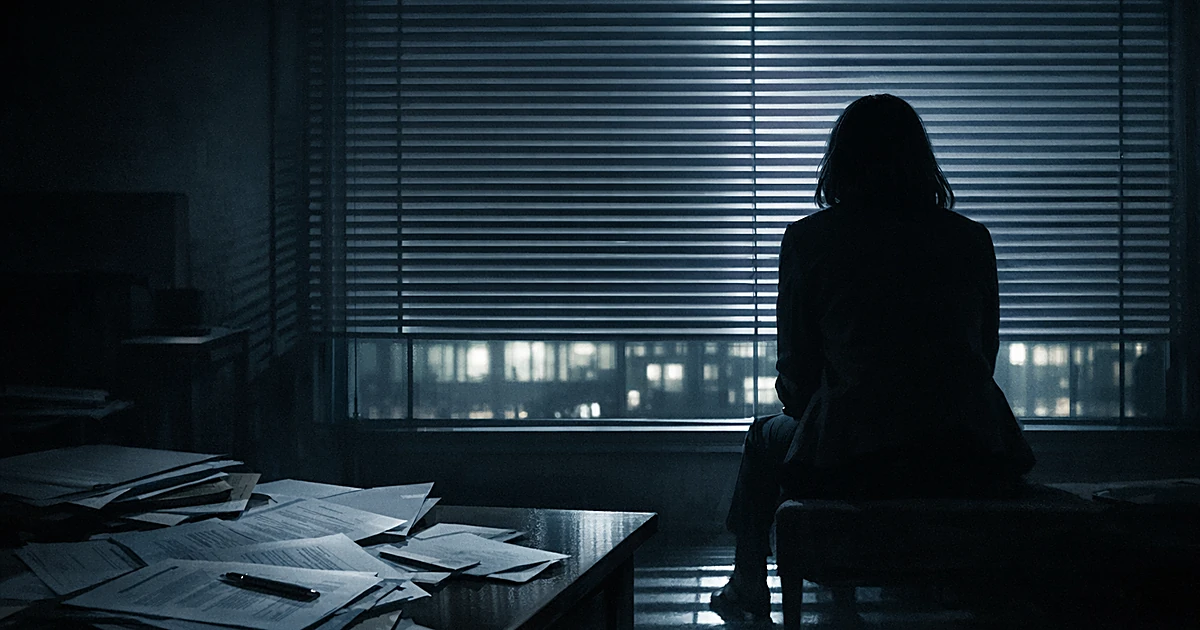 Silhouetted figure sits alone in dark room with scattered legal papers, light filtering through window blinds