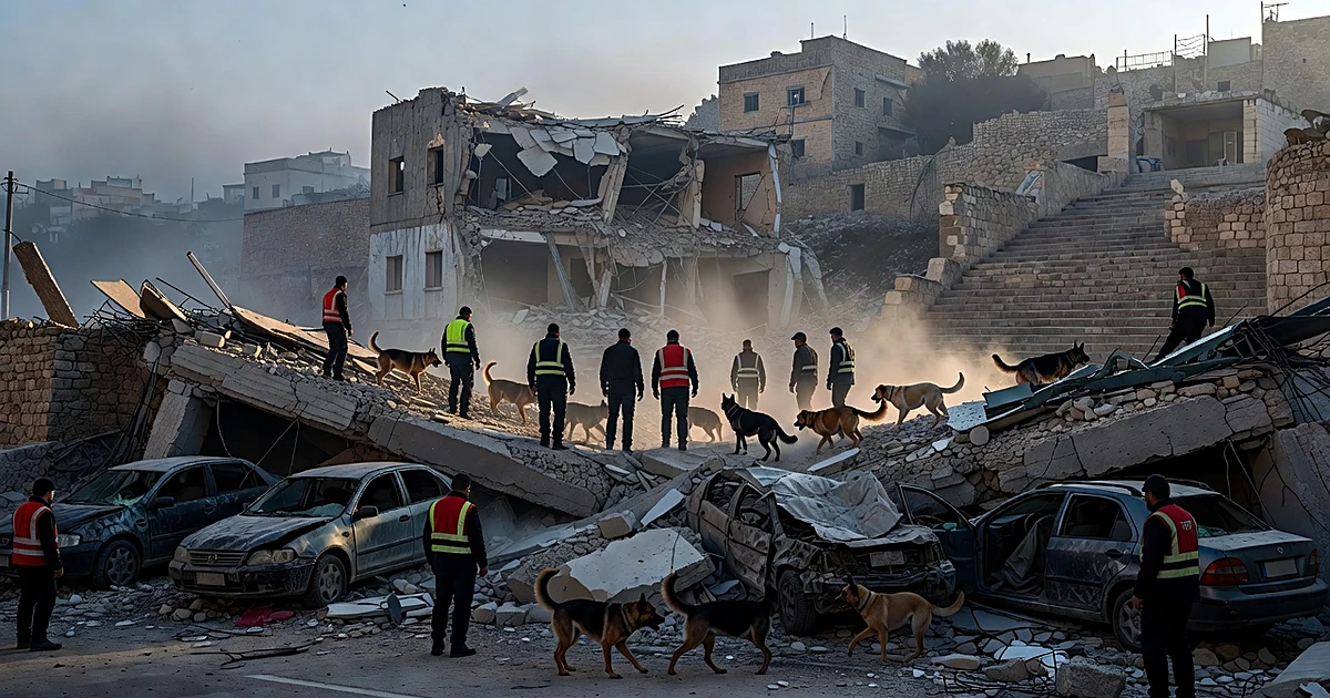 Rescue workers search through rubble of collapsed building with damaged cars and historic district in background