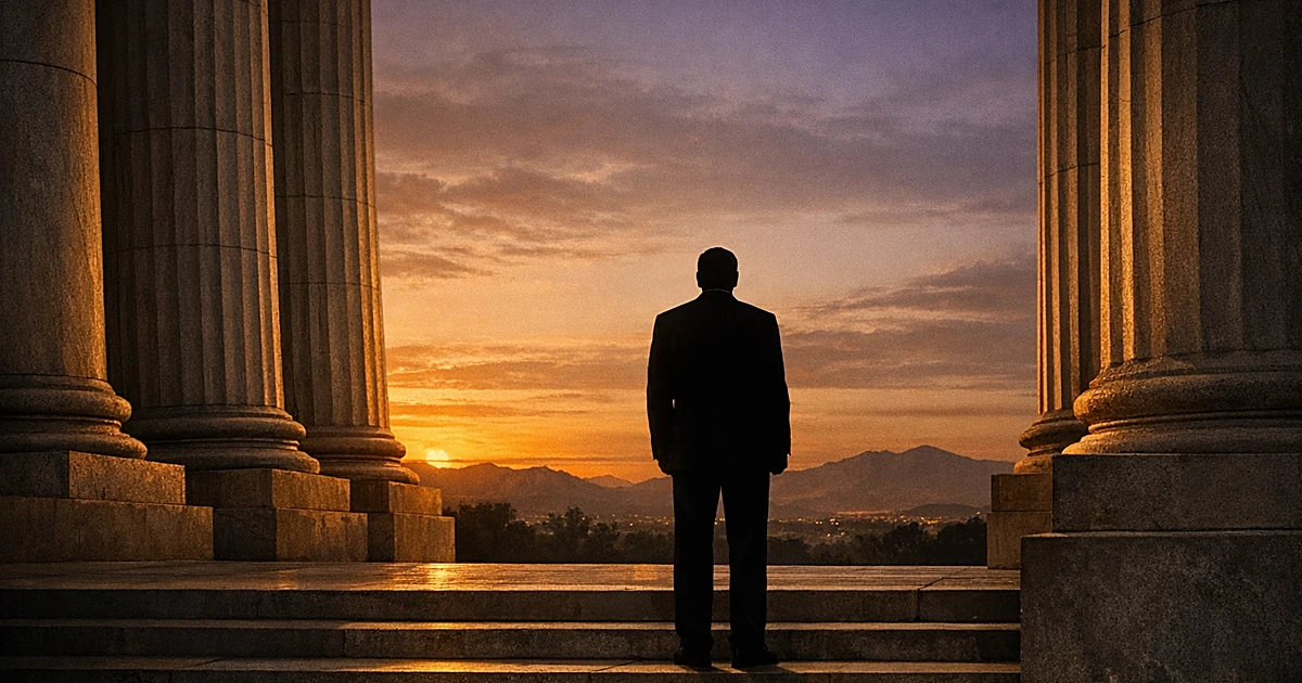 Silhouetted figure in suit facing government building columns at sunset with amber sky