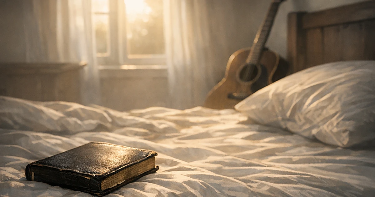 Bible on bed with guitar nearby in soft morning light