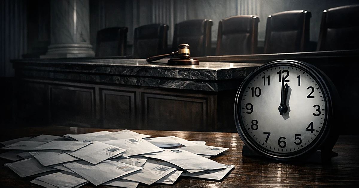 Supreme Court bench with gavel above table scattered with postal envelopes and clock showing late hour