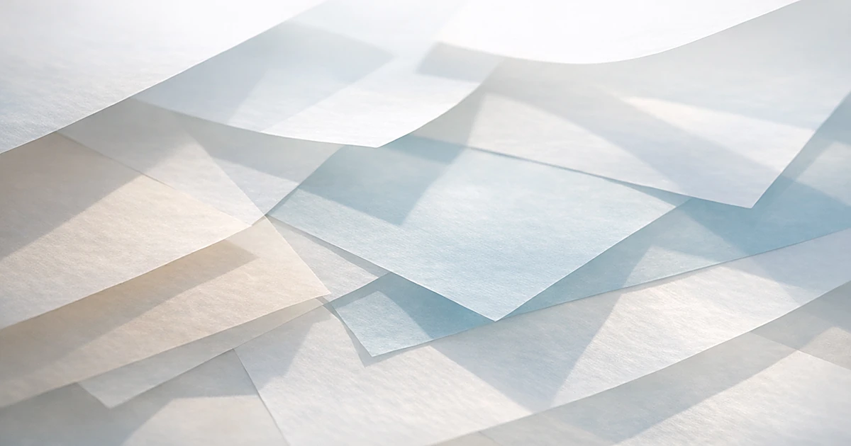 Abstract layered translucent papers with soft lighting creating overlapping shadows in pastel tones