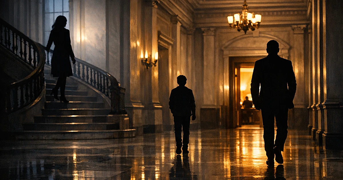 Three silhouetted figures walking separately in different directions through an elegant government building hallway