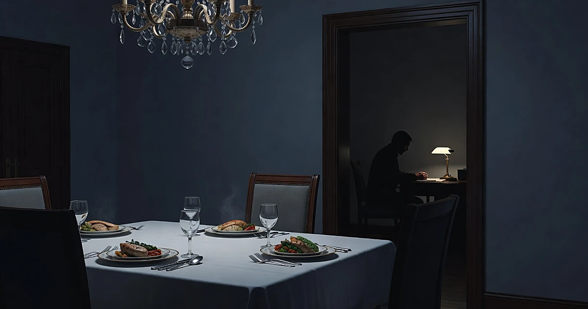 Empty formal dinner table in foreground with silhouette of person working alone at desk in background room