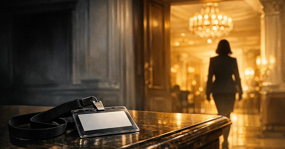 Press credential on desk with silhouetted figure entering illuminated hotel lobby, split between shadow and light