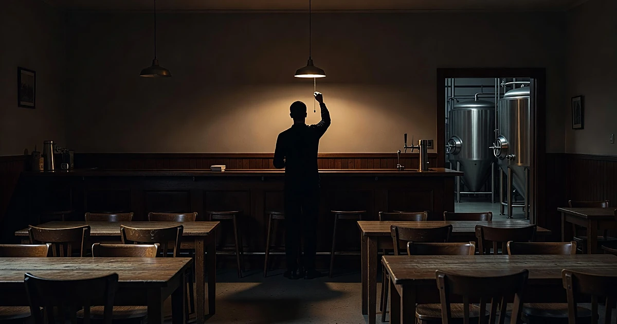 Empty brewery taproom with silhouetted bartender turning off lights as business prepares to close