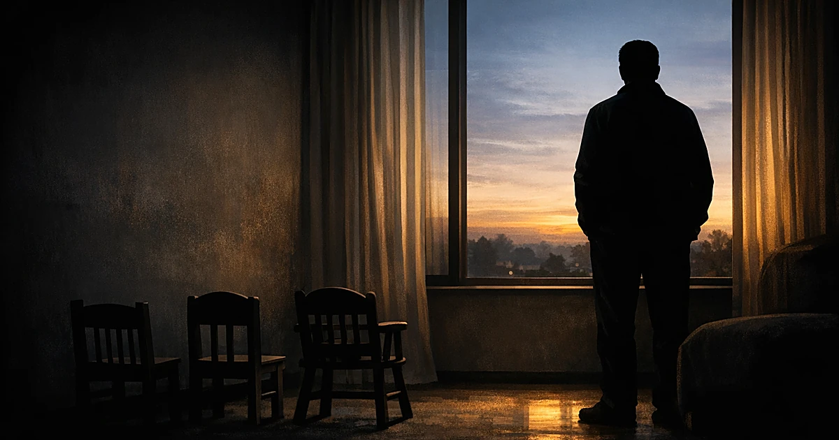 Silhouetted figure at window with three empty small chairs in foreground, dawn light breaking through darkness