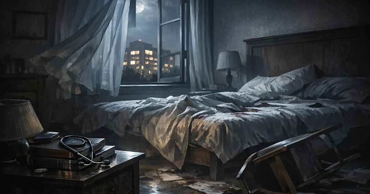 Dark bedroom with open window, scattered medical items, and distant hospital silhouette visible through window at night