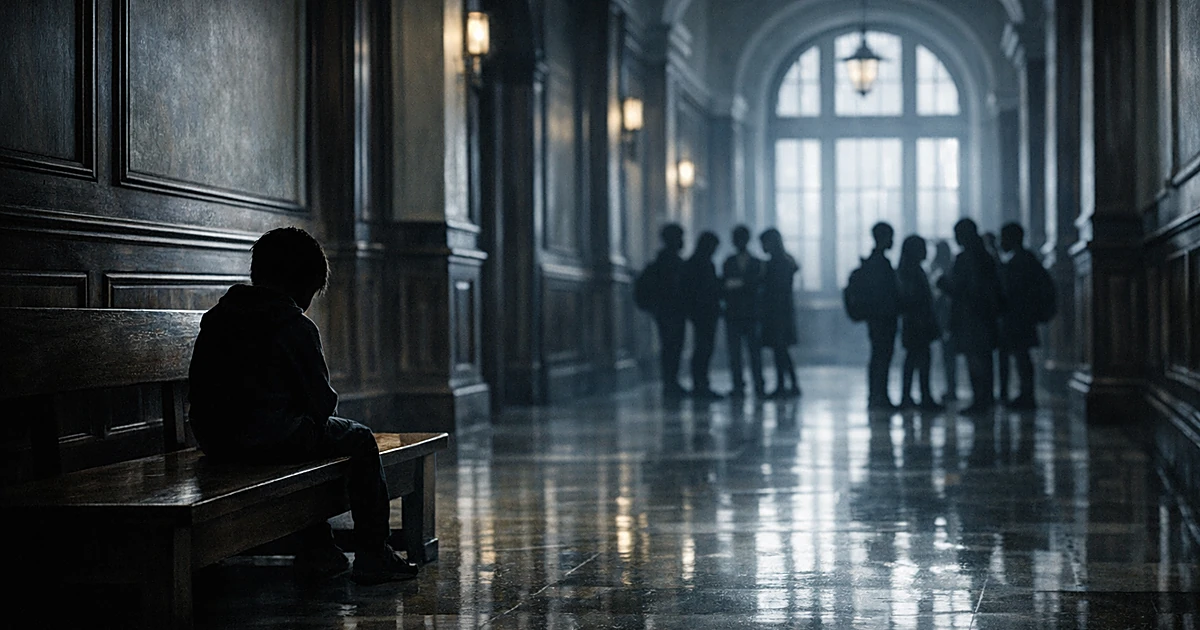 Lone child silhouette sits isolated on bench in elegant school hallway while other students gather in distant groups