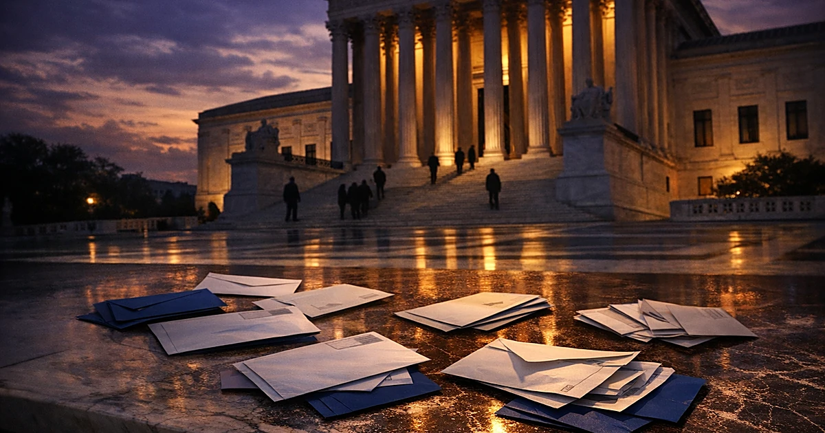 Overhead view of Supreme Court columns with mail-in ballot envelopes scattered on marble surface at dusk