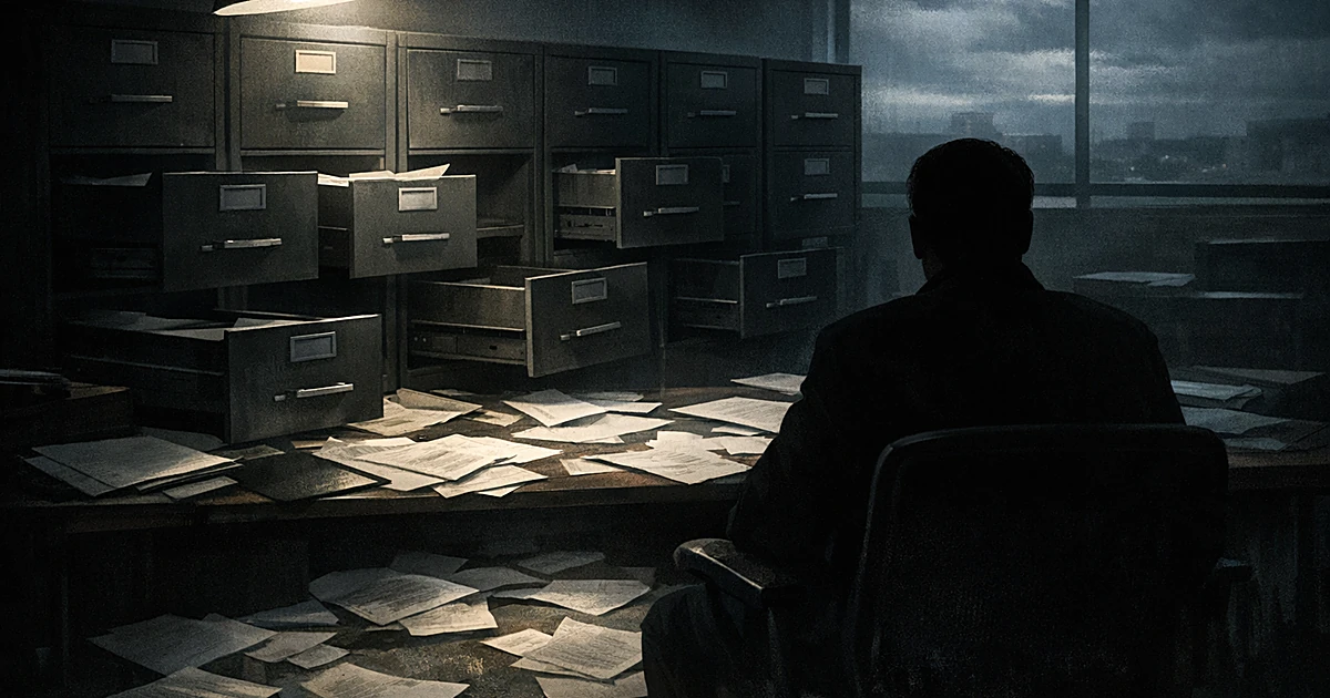 Silhouetted figure at desk facing open, empty filing cabinets with scattered papers in dark office setting