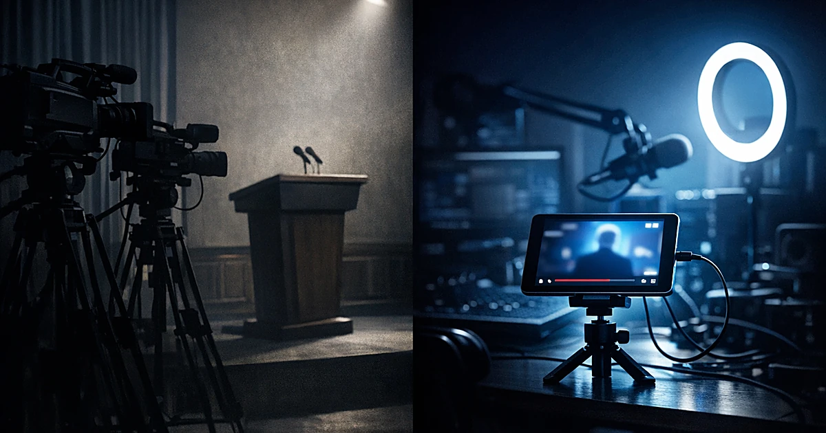 Empty TV cameras face abandoned podium while lone streaming device glows with equipment in contrasting split scene