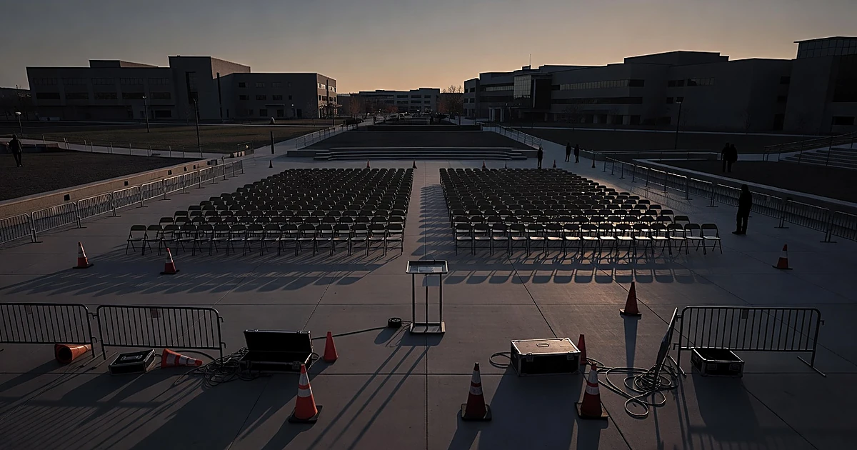 Empty outdoor campus event space with podium, vacant chairs, and disorganized security barriers at dusk