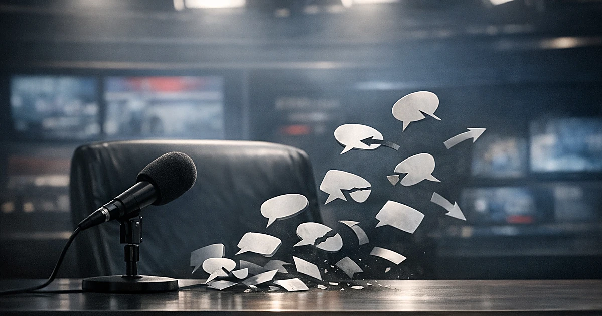 Empty broadcast desk with microphone as scattered speech elements fall away, representing a verbal mistake during interview