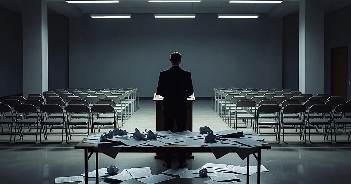 Silhouetted figure at podium facing empty chairs with scattered documents, representing accountability moment