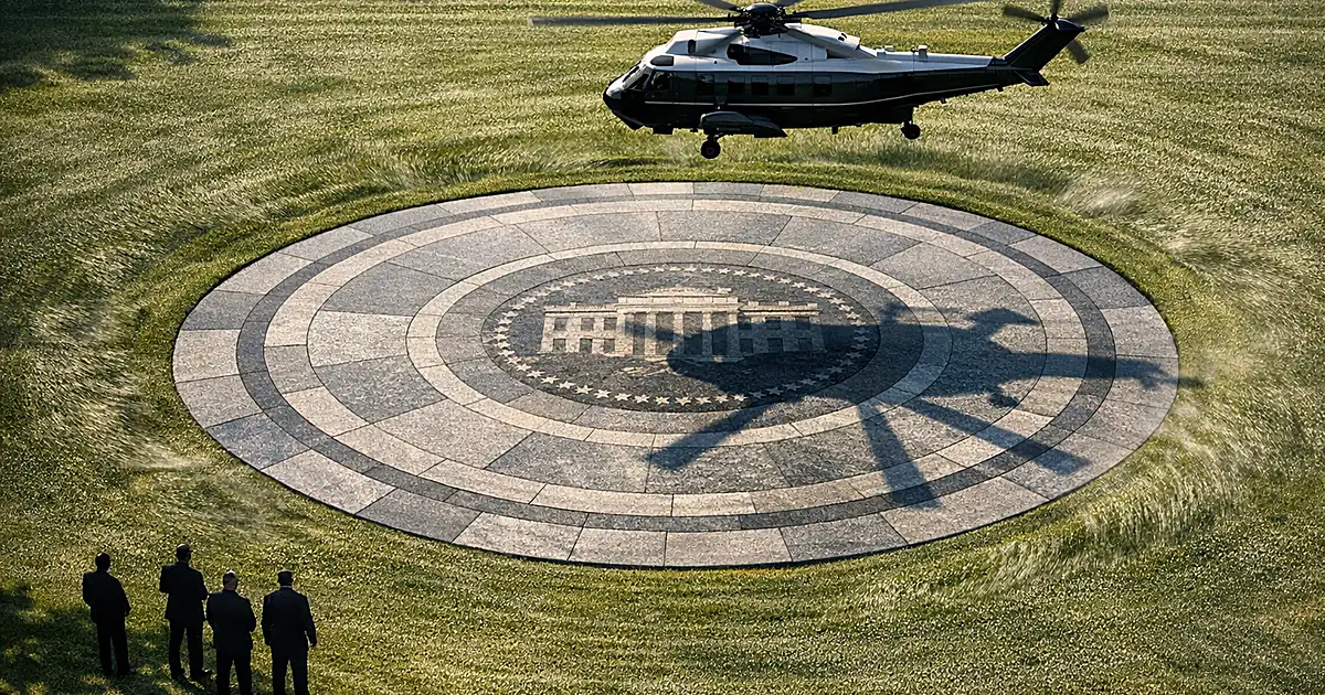 Aerial view of new granite helipad on lawn with helicopter silhouette hovering above casting shadow