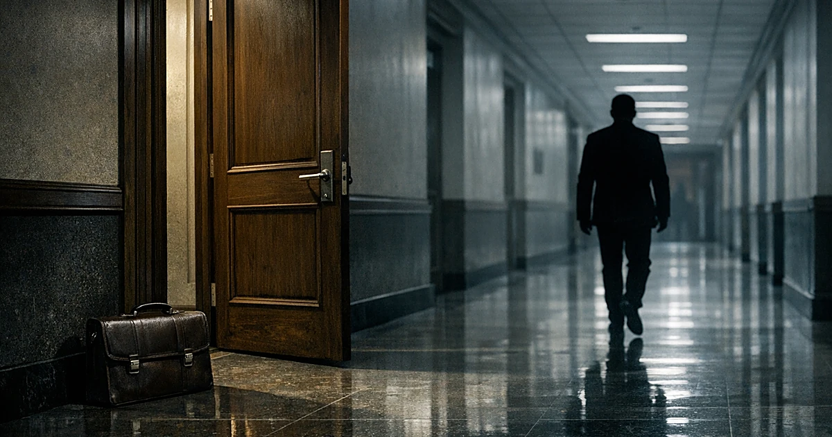 Silhouetted figure walking away from open office door with abandoned briefcase in empty government hallway