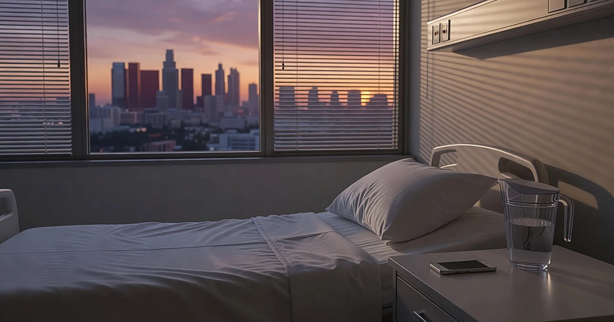 Empty hospital room at sunset with phone on bedside table and Los Angeles skyline visible through window