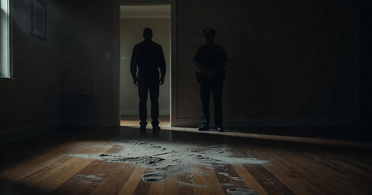 Silhouetted figure in doorway with scattered ashes on floor and deputy silhouette in background of dim residence