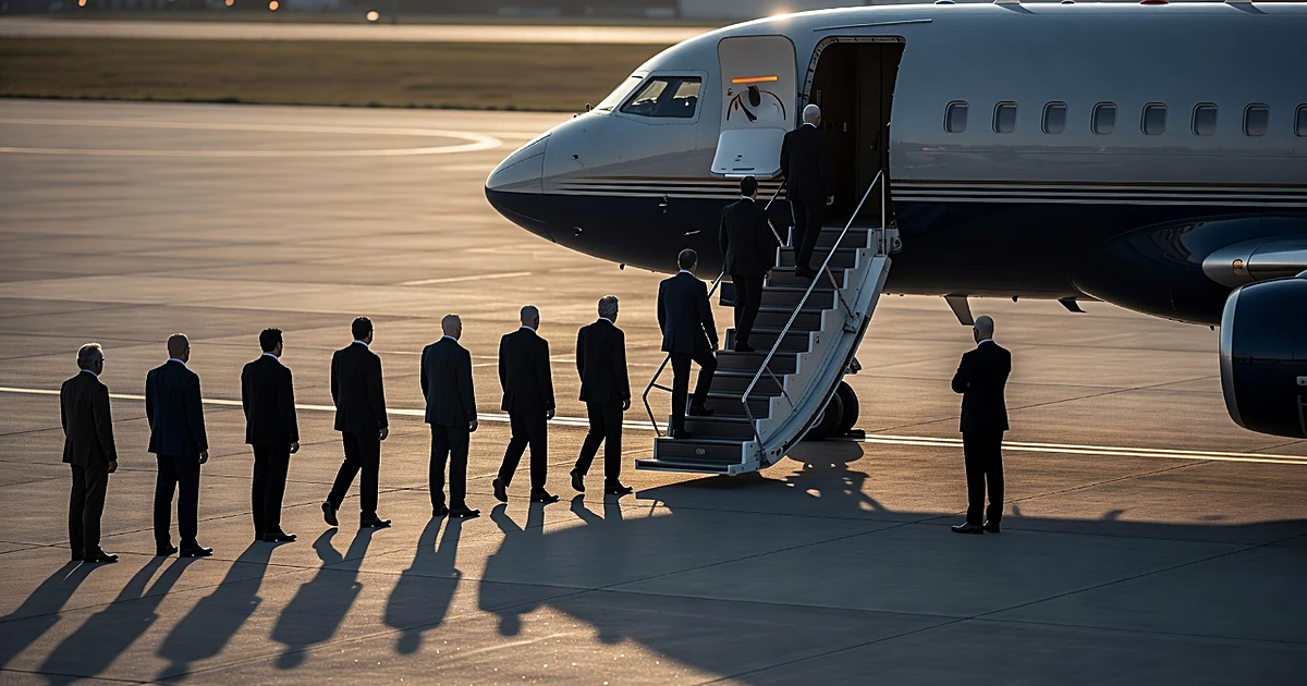 Silhouetted figures boarding a presidential aircraft on a sunlit tarmac with extended stairs