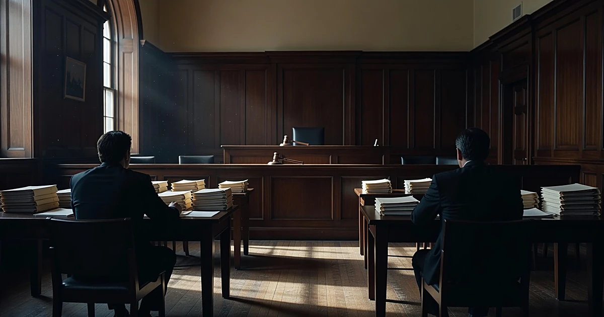 Courtroom scene with silhouetted attorneys and empty judge's bench, documents on tables, dramatic lighting