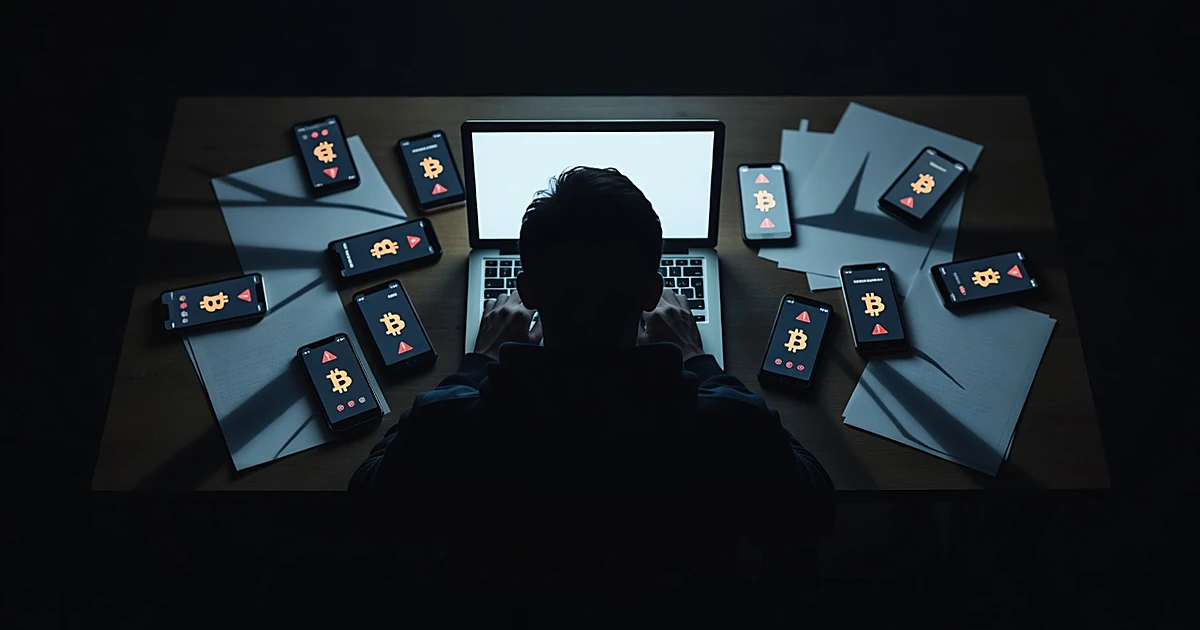 Silhouetted figure at laptop with bitcoin symbols on phone screens in dark room, suggesting digital fraud investigation