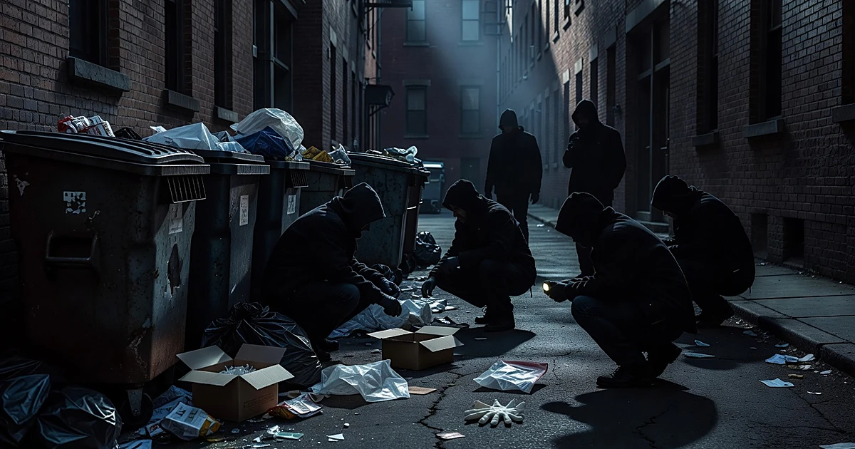 Silhouetted investigators searching through trash bins in a dim alley at dawn