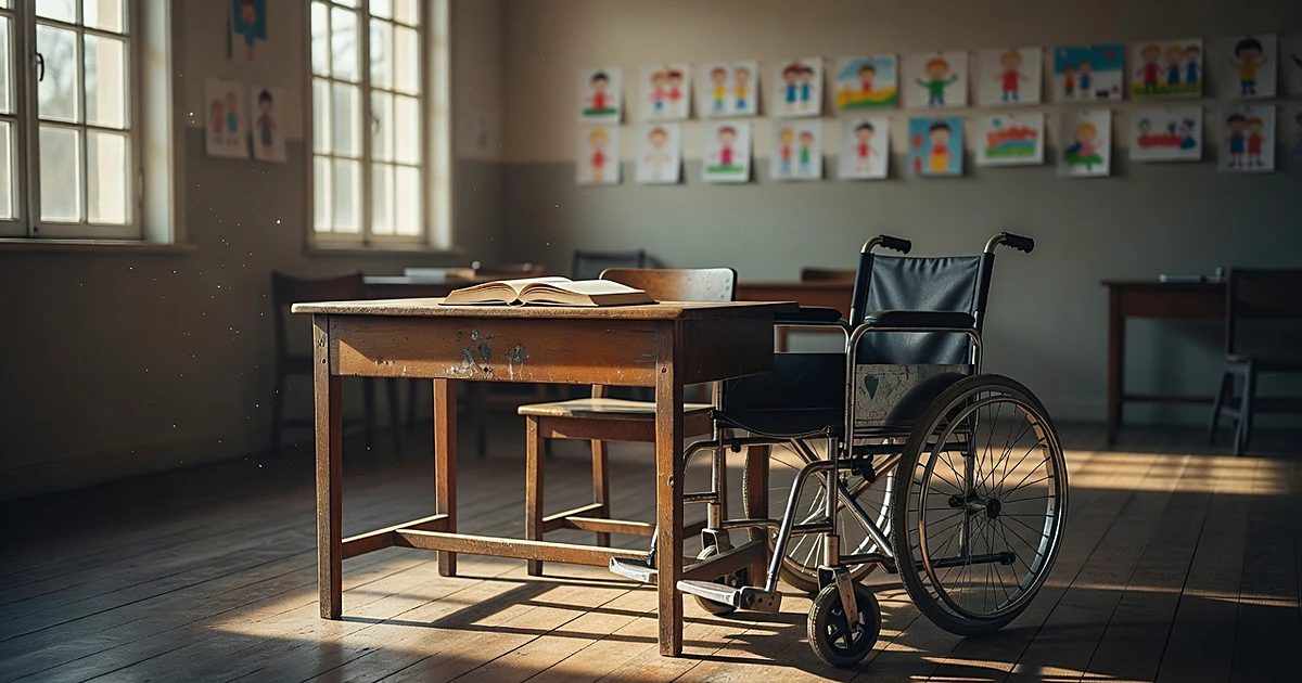 Empty school desk beside wheelchair in sunlit classroom with children's artwork on walls