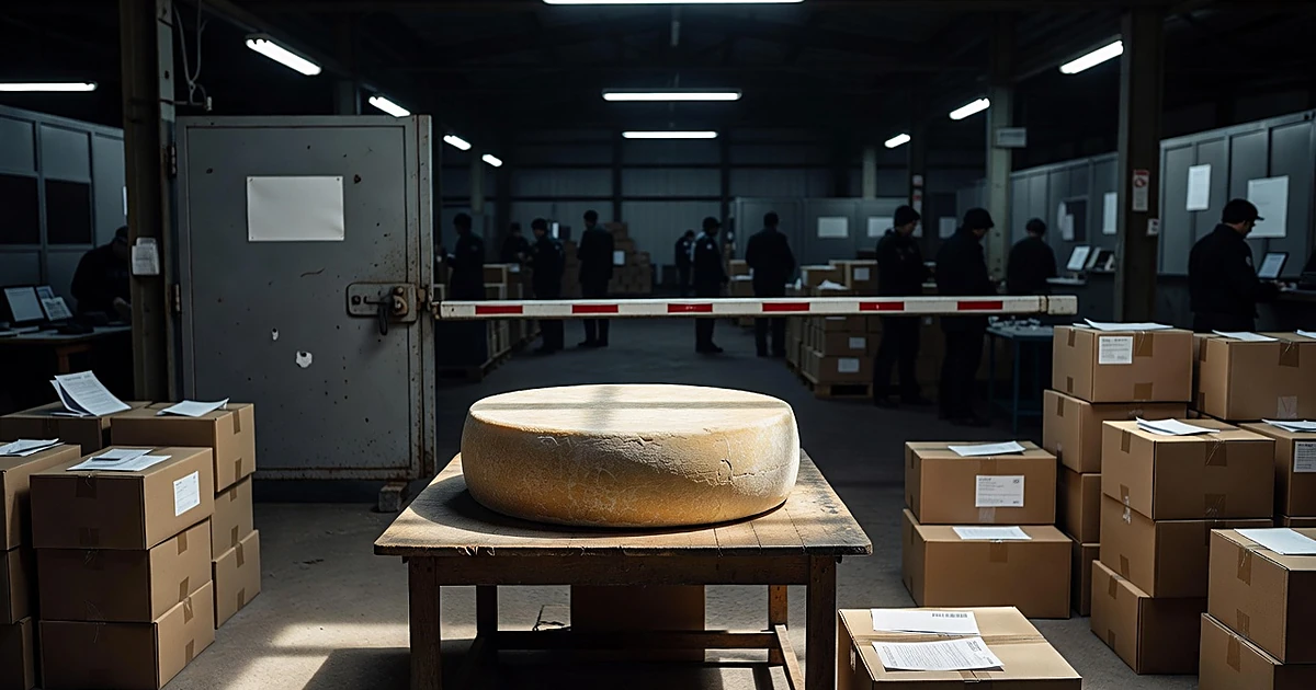 Cheese wheel on customs table with shipping boxes and barrier gate at border facility with silhouetted officials