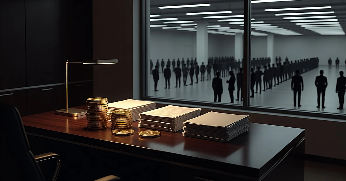Office desk with gold coins and papers, distant silhouettes of people in lines visible through window