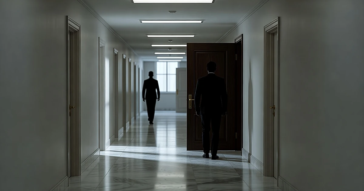 Silhouetted figure in government hallway facing closed door as another figure walks away in distance