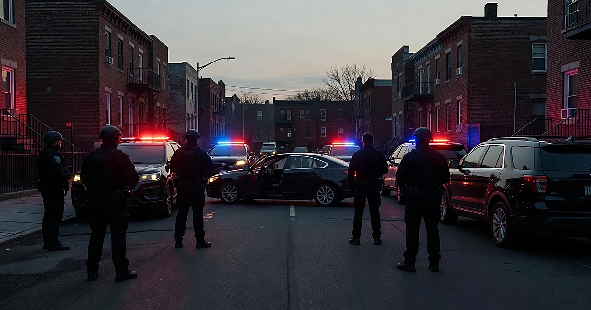 Silhouetted law enforcement figures surrounding a stopped vehicle on an urban street with emergency lights flashing