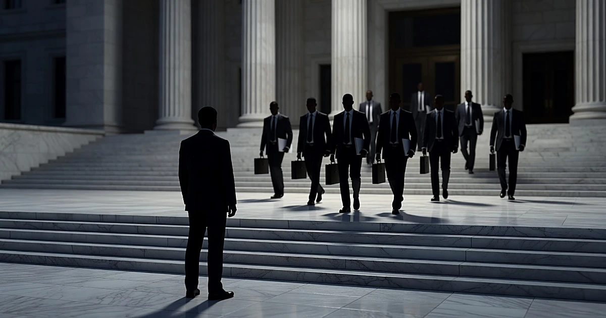 Silhouetted person facing government building as multiple agent silhouettes approach from behind with documents