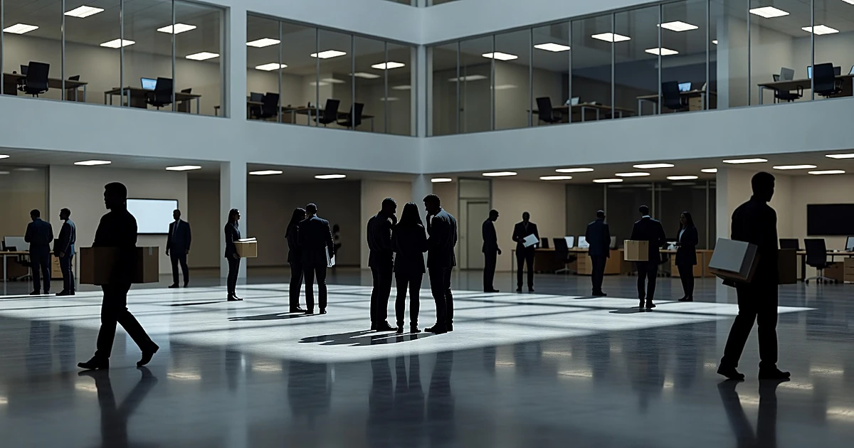 Silhouetted workers scattered throughout a modern institutional building interior with cold lighting
