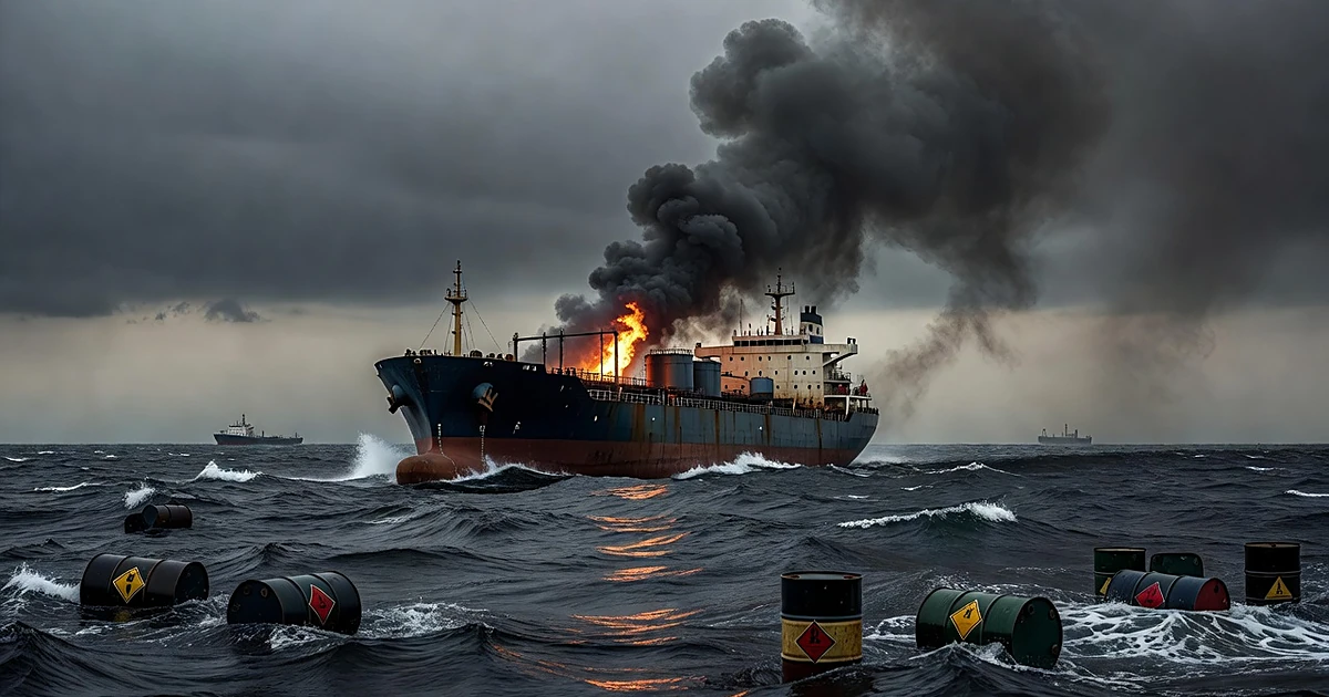 Oil tanker burning in dark waters with smoke rising and barrels floating nearby under stormy skies