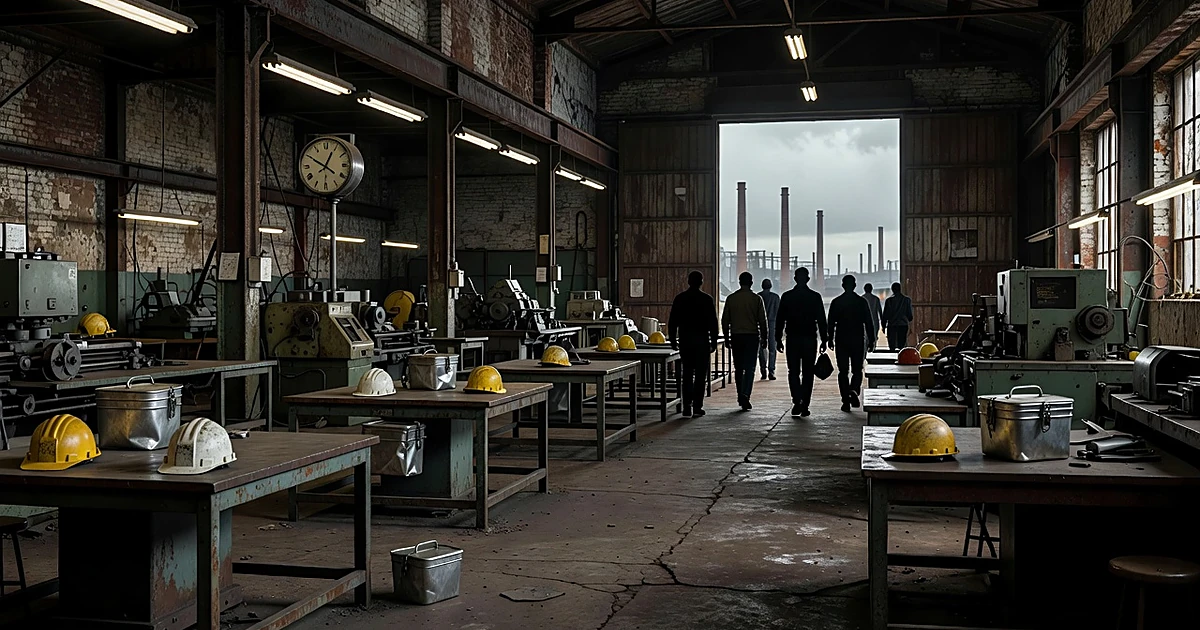 Empty factory floor with worker silhouettes walking away through doorway toward industrial landscape outside