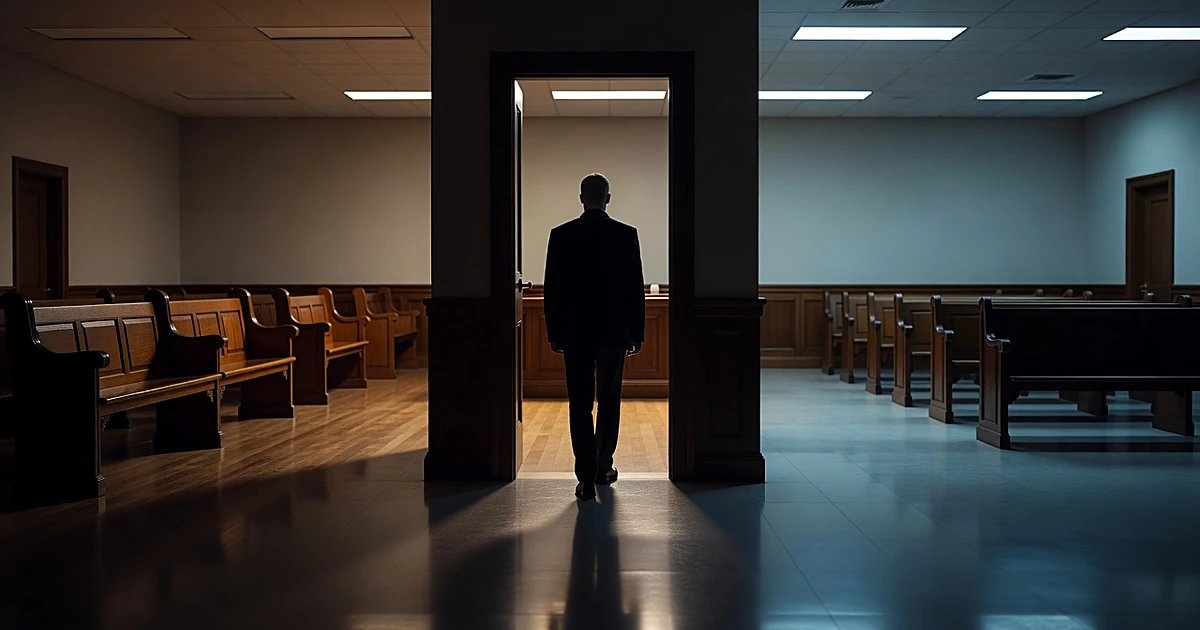 Silhouetted figure standing between two contrasting courtroom spaces with different lighting representing jurisdictions