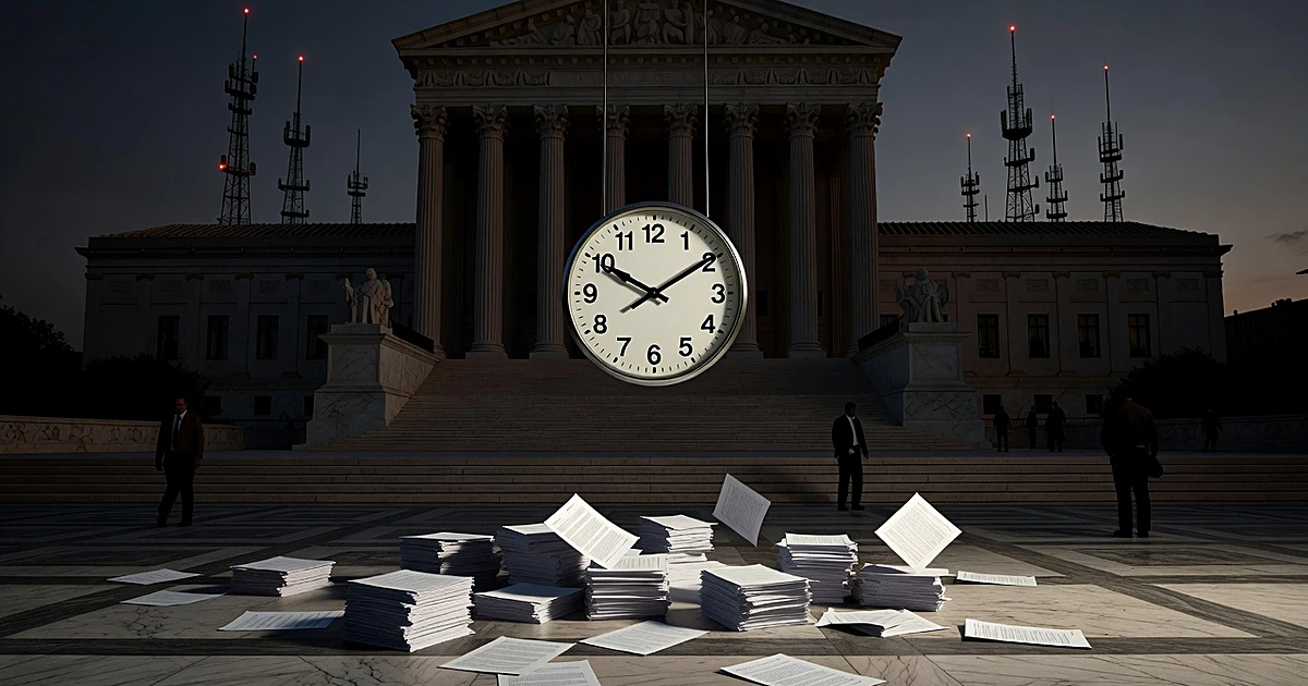 Clock frozen before deadline above Supreme Court columns with broadcast towers and scattered documents in shadows