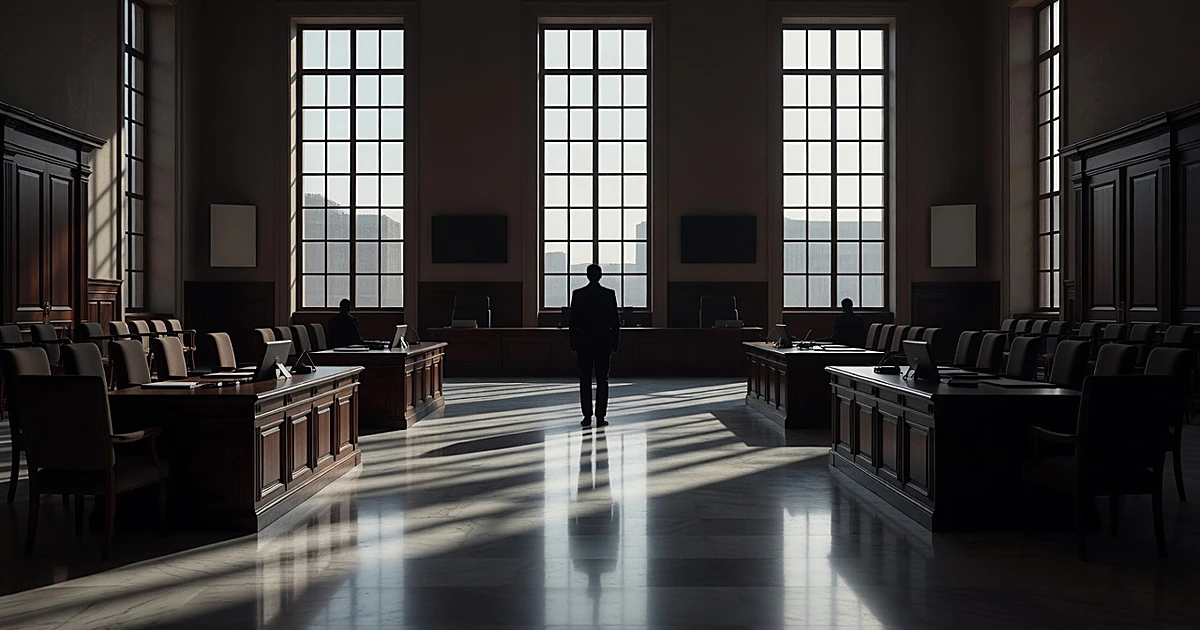 Silhouetted figure stands alone in austere government office with dramatic shadows and empty formal seating