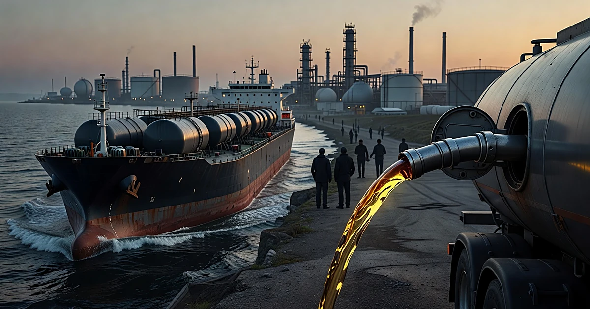 Tanker ship carrying fuel containers at sea with diesel being pumped into truck tank at industrial facility