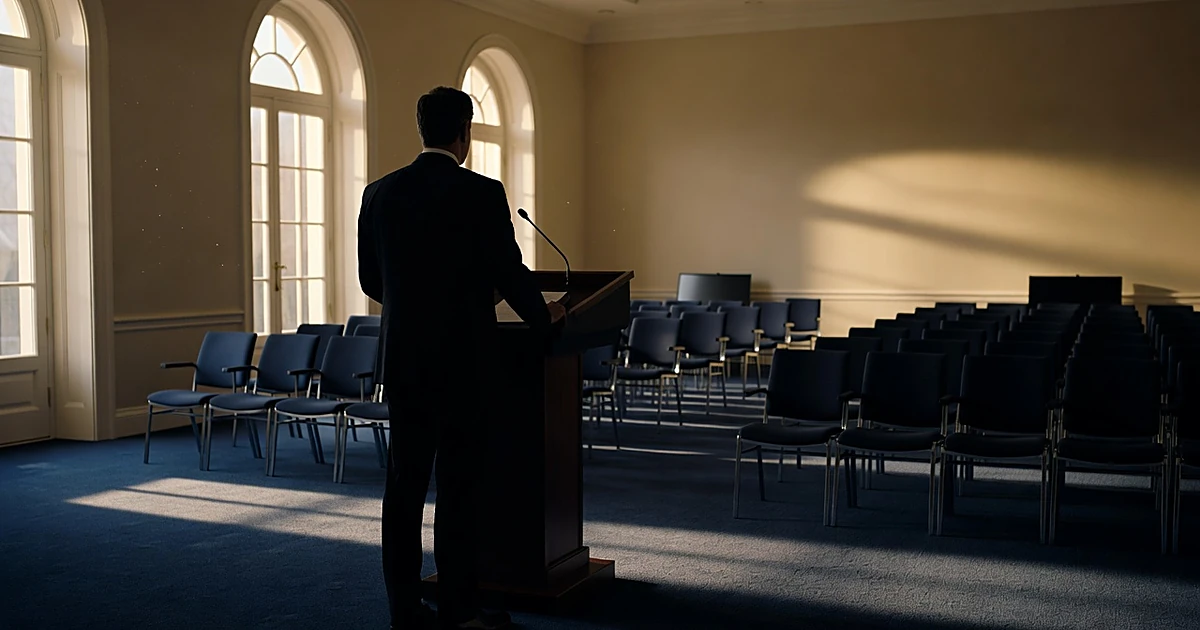 Silhouette at podium in empty White House briefing room with chairs and natural light streaming through windows