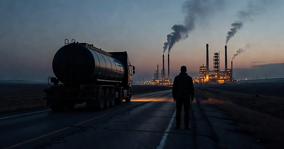 Silhouetted figure watches diesel tanker truck approaching refineries at dusk in moody industrial landscape